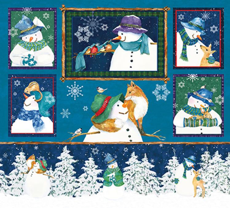 Patchworkstoff, Panel mit 6 Schneemannmotiven, Vögeln, Rehen, Tier auf blauem Hintergrund.