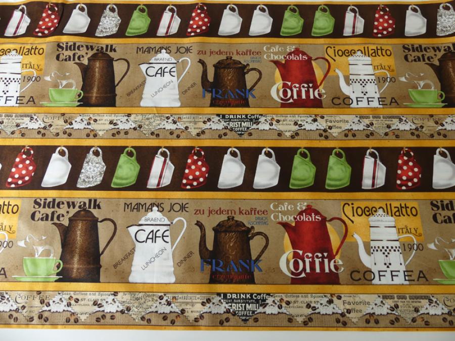 Patchworkstoff von Quilting Treasures mit Bordüre aus Kaffeekannen und Tassen. Aus der Serie Daily Grind.