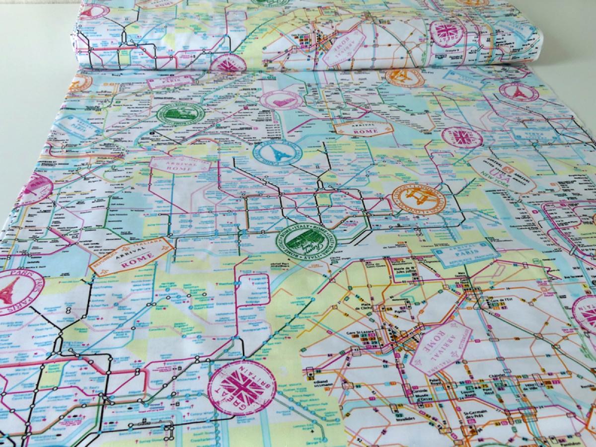 Patchworkstoff mit Stadtplan, Streckennetz der Bahn. Von Timeless Treasures.