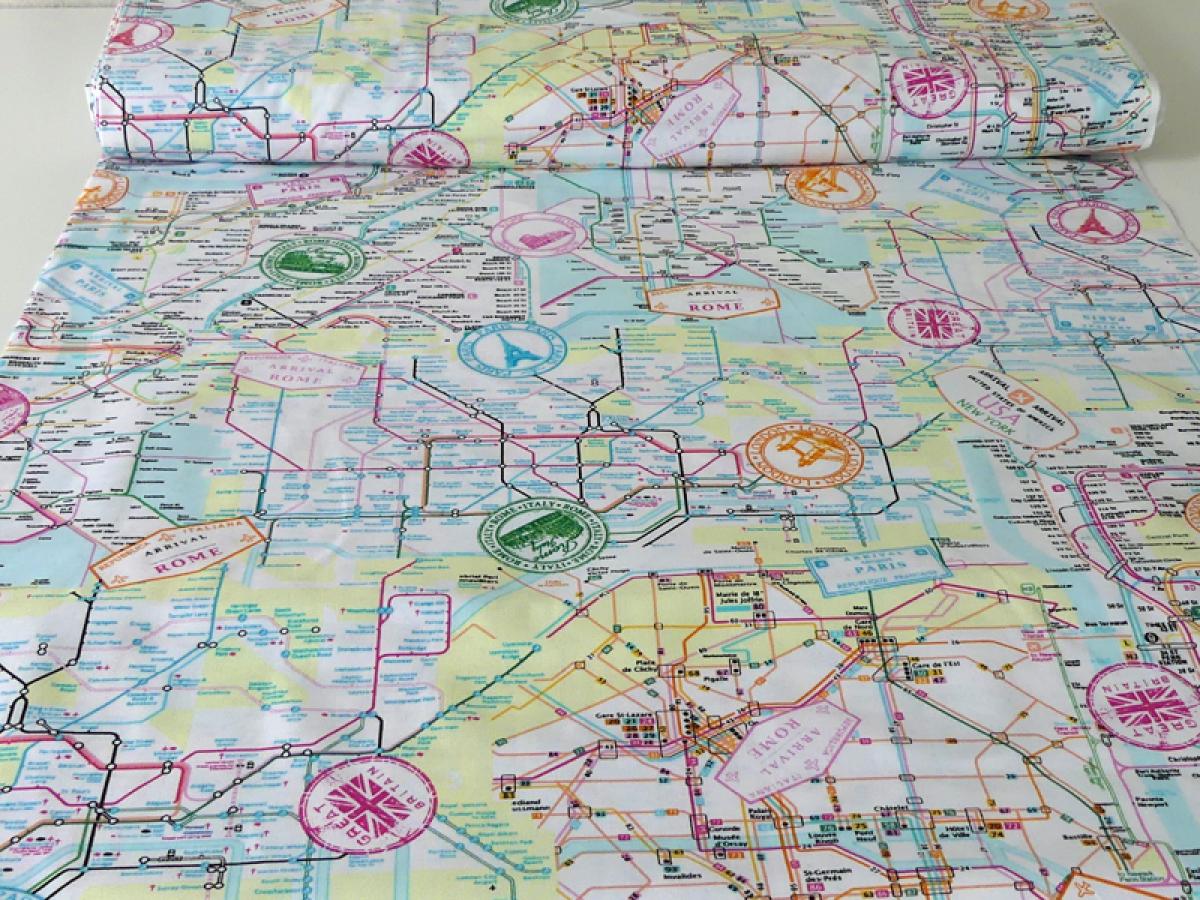 Patchworkstoff mit Stadtplan, Bahnplan. Von Timeless Treasures.