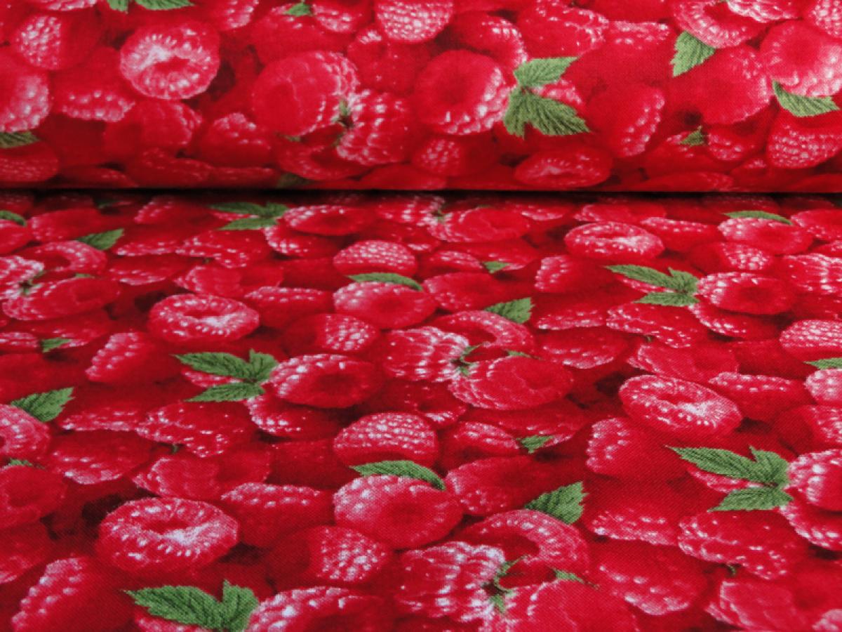 Patchworkstoff mit vielen Himbeeren.