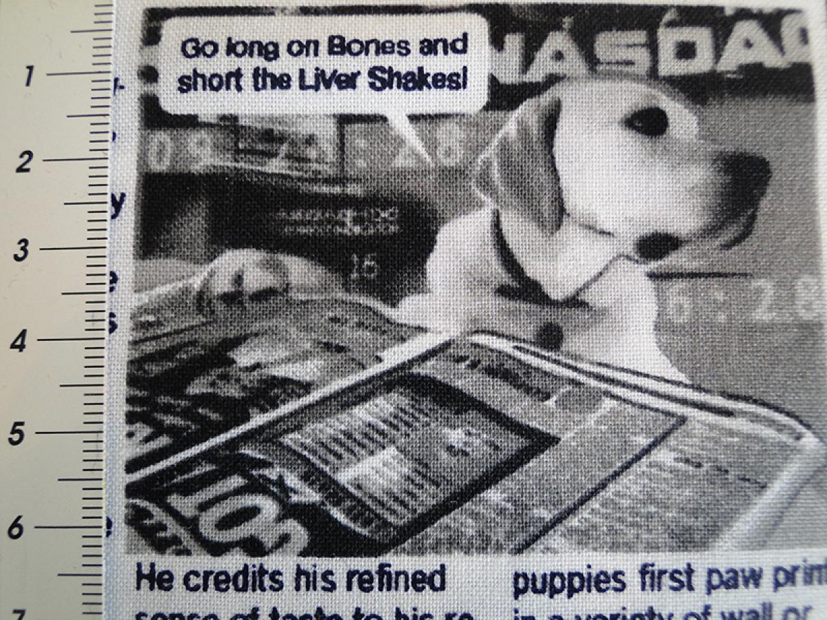 Patchworkstoff in Zeitungsoptik mit Texten und Bildern zum Thema Hund und Hundehalter. Nahansicht mit Maß.
